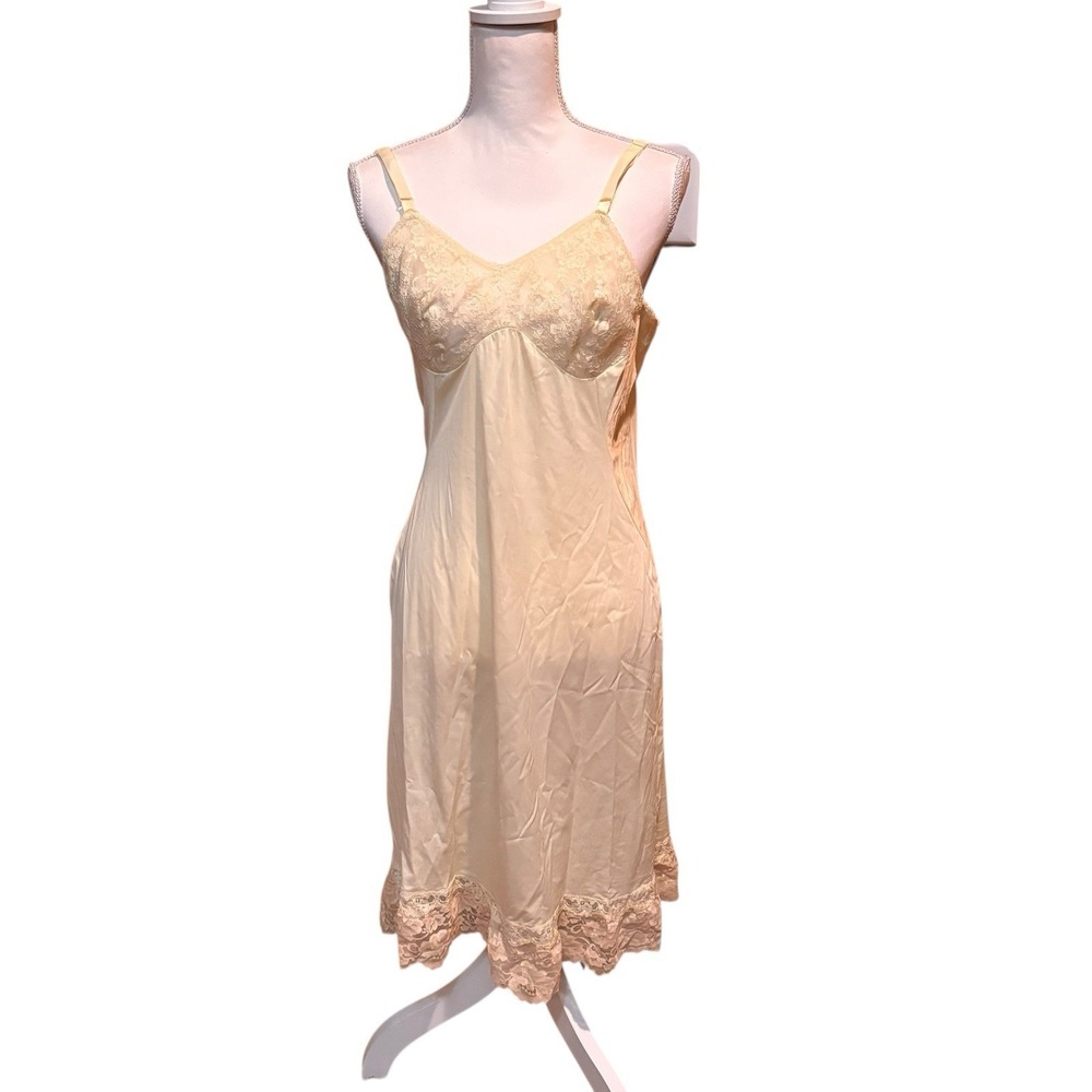 Vintage Sears Yellow Satin Full Slip Lace Trim Size 36 Adjustable Straps